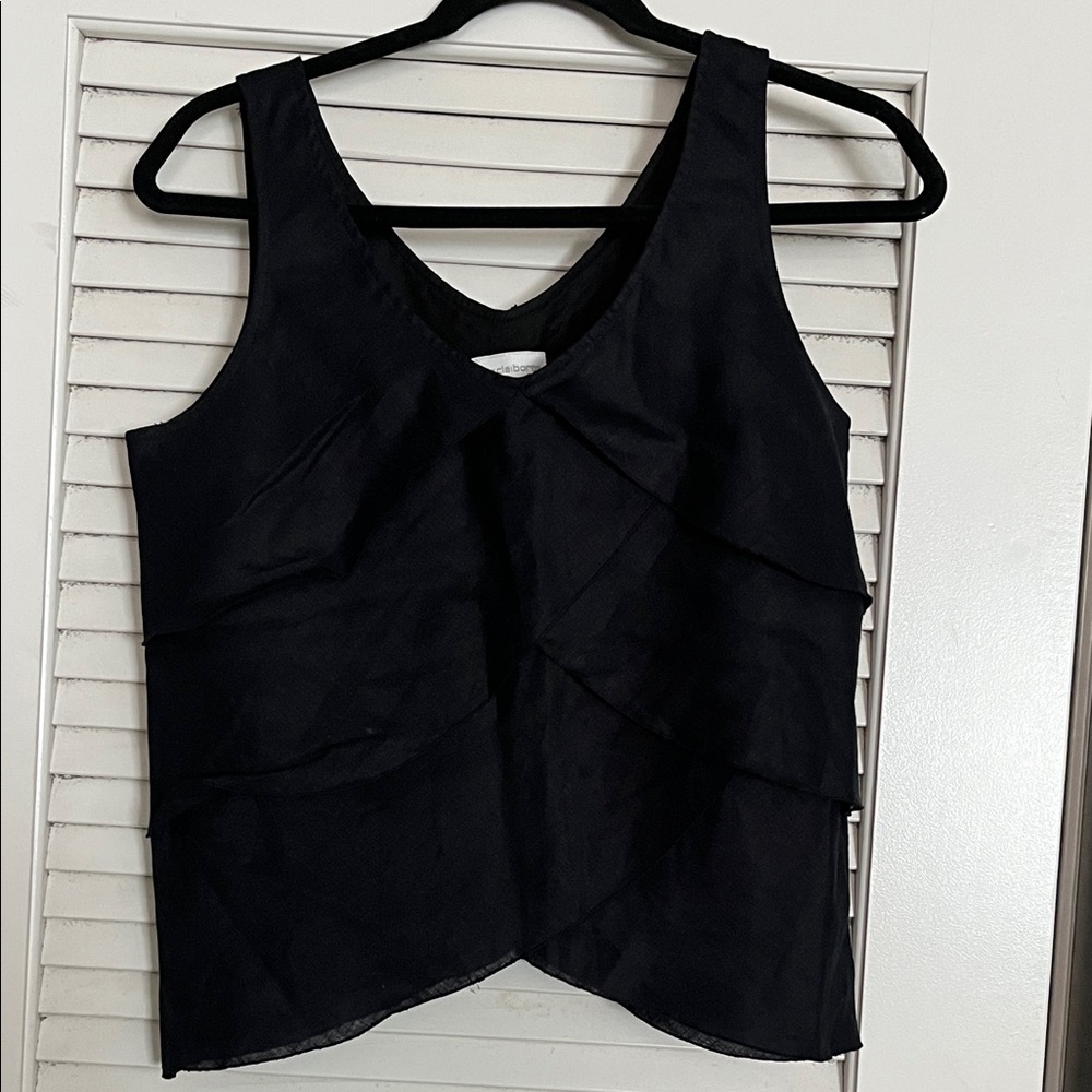Liz Claiborne 100% linen scalloped layered tank shell blouse. Sz 6 black or navy